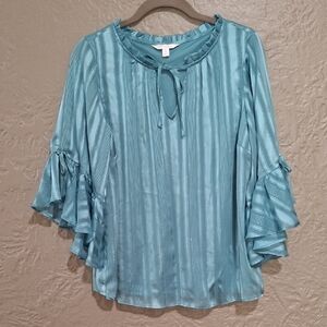 LC Lauren Wome's Conrad Teal Striped Blouse with Ruffled Sleeves Size M